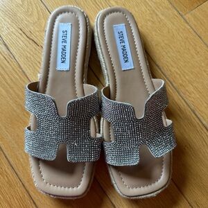 Steve Madden Women's Nude Slide Sandals with Silver Rhinestones